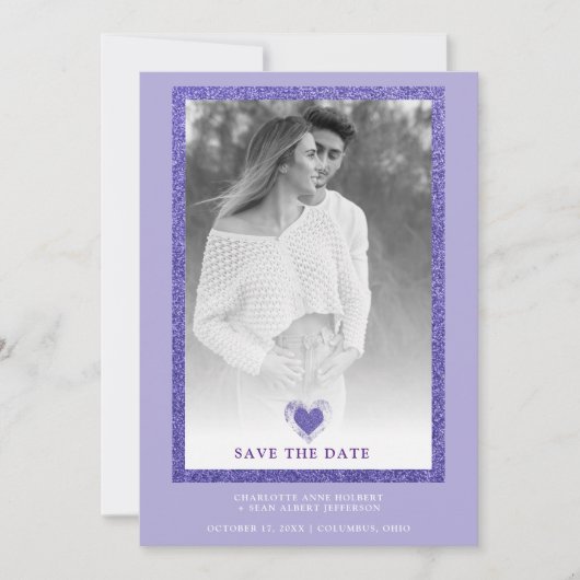 Purple Frame Sparkle Simple Photo Engaged Heart Save The Date (Voorkant)