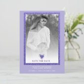 Purple Frame Sparkle Simple Photo Engaged Heart Save The Date (Staand voorkant)