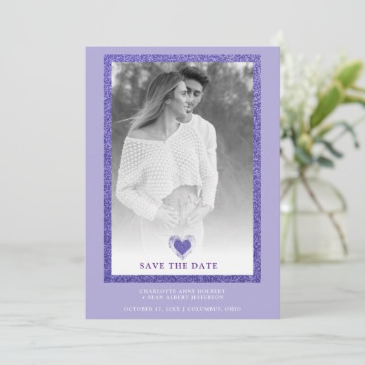 Purple Frame Sparkle Simple Photo Engaged Heart Save The Date (Staand voorkant)