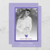 Purple Frame Sparkle Simple Photo Engaged Heart Save The Date (Voorkant / Achterkant)