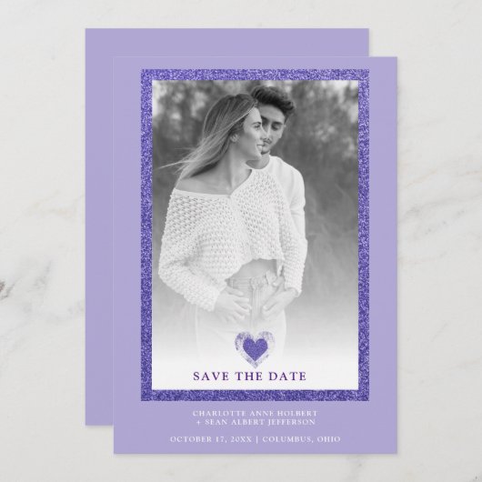 Purple Frame Sparkle Simple Photo Engaged Heart Save The Date (Voorkant / Achterkant)
