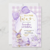 Purple Gingham Bow Bunny Tea Party Second Birthday Kaart (Voorkant)