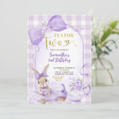 Purple Gingham Bow Bunny Tea Party Second Birthday Kaart (Staand voorkant)