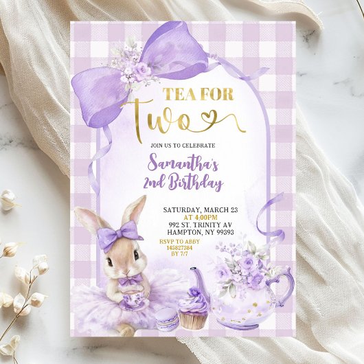 Purple Gingham Bow Bunny Tea Party Second Birthday Kaart