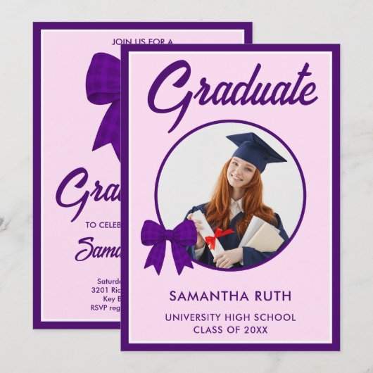 Purple Gingham Bow Photo Graduation Party Kaart (Voorkant / Achterkant)