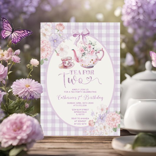 Purple Gingham Floral Tea For Two 2nd Birthday Kaart
