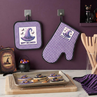 Purple Gingham Halloween Witch Hat and Bats Ovenwant & Pannenlap Set