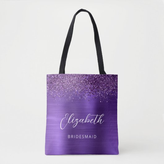 Purple Glam Metallic Modern Script Bridesmaid Tote Bag (Voorkant)