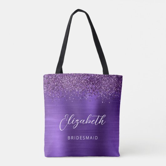 Purple Glam Metallic Modern Script Bridesmaid Tote Bag (Achterkant)