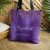 Purple Glam Metallic Modern Script Bridesmaid Tote Bag