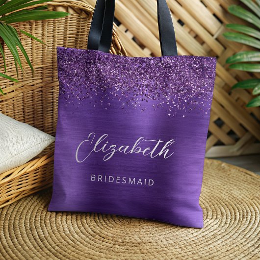 Purple Glam Metallic Modern Script Bridesmaid Tote Bag