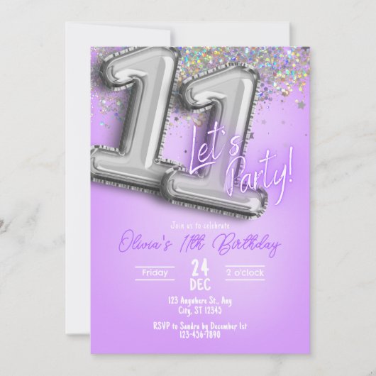 Purple Glitter 11th Birthday Invitation Kaart (Voorkant)