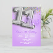 Purple Glitter 11th Birthday Invitation Kaart (Staand voorkant)