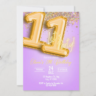 Purple Glitter 11th Birthday Invitation Kaart