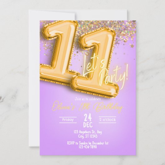 Purple Glitter 11th Birthday Invitation Kaart (Voorkant)