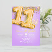 Purple Glitter 11th Birthday Invitation Kaart (Staand voorkant)