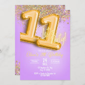 Purple Glitter 11th Birthday Invitation Kaart (Voorkant / Achterkant)