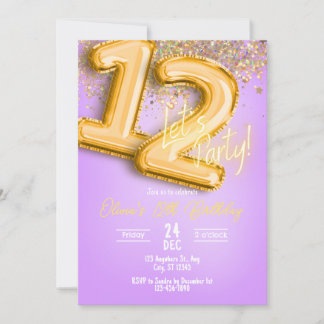 Purple Glitter 12th Birthday Invitation Kaart