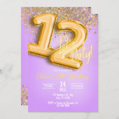 Purple Glitter 12th Birthday Invitation Kaart (Voorkant / Achterkant)