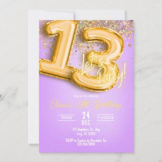 Purple Glitter 13th Birthday Invitation Kaart