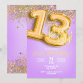 Purple Glitter 13th Birthday Invitation Kaart (Voorkant / Achterkant)