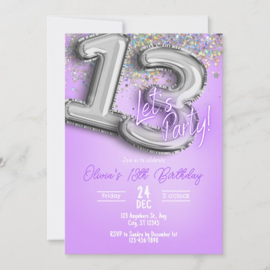 Purple Glitter 13th Birthday Invitation Kaart (Voorkant)