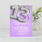 Purple Glitter 13th Birthday Invitation Kaart (Staand voorkant)