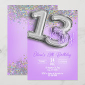 Purple Glitter 13th Birthday Invitation Kaart (Voorkant / Achterkant)