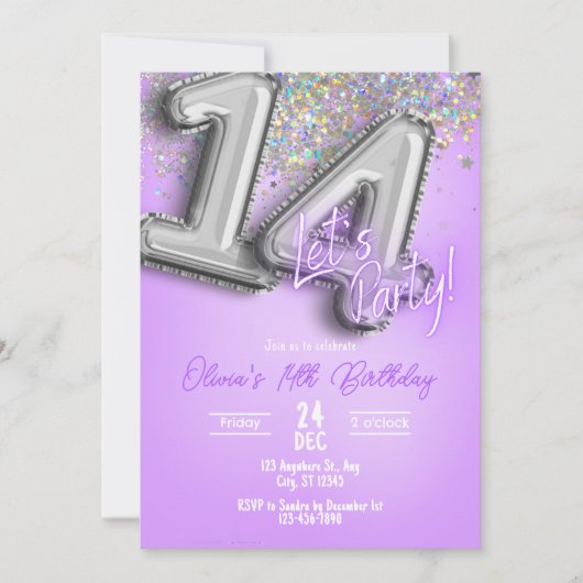 Purple Glitter 14th Birthday Invitation Kaart (Voorkant)