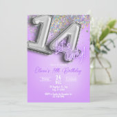 Purple Glitter 14th Birthday Invitation Kaart (Staand voorkant)