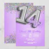 Purple Glitter 14th Birthday Invitation Kaart (Voorkant / Achterkant)