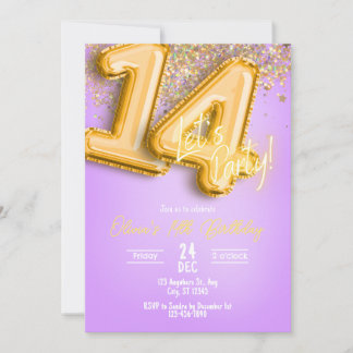 Purple Glitter 14th Birthday Invitation Kaart