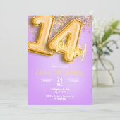 Purple Glitter 14th Birthday Invitation Kaart (Staand voorkant)