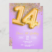 Purple Glitter 14th Birthday Invitation Kaart (Voorkant / Achterkant)