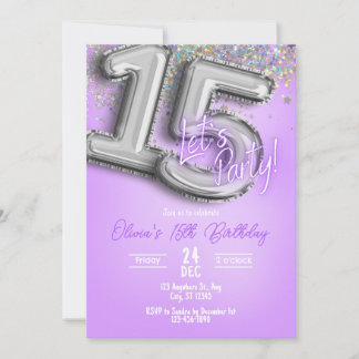 Purple Glitter 15th Birthday Invitation Kaart
