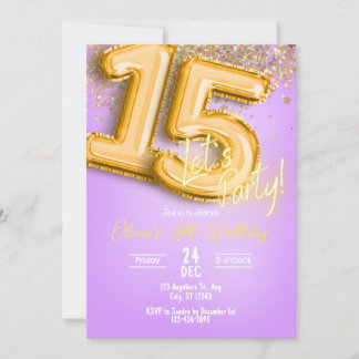 Purple Glitter 15th Birthday Invitation Kaart