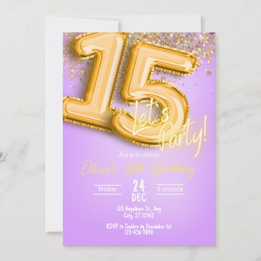 Purple Glitter 15th Birthday Invitation Kaart (Voorkant)