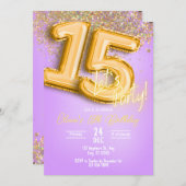 Purple Glitter 15th Birthday Invitation Kaart (Voorkant / Achterkant)