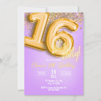 Purple Glitter 16th Birthday Invitation Kaart