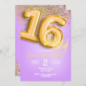 Purple Glitter 16th Birthday Invitation Kaart (Voorkant / Achterkant)