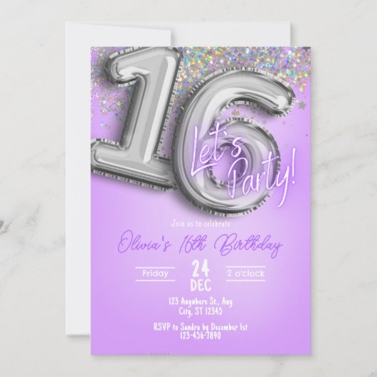 Purple Glitter 16th Birthday Invitation Kaart (Voorkant)