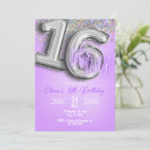 Purple Glitter 16th Birthday Invitation Kaart (Staand voorkant)