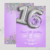 Purple Glitter 16th Birthday Invitation Kaart (Voorkant / Achterkant)