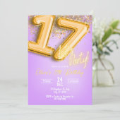 Purple Glitter 17th Birthday Invitation Kaart (Staand voorkant)