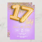 Purple Glitter 17th Birthday Invitation Kaart (Voorkant / Achterkant)