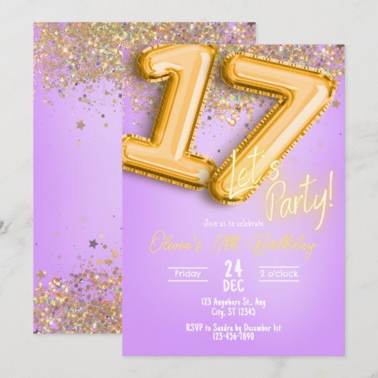 Purple Glitter 17th Birthday Invitation Kaart (Voorkant / Achterkant)