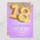 Purple Glitter 18th Birthday Invitation Kaart (Voorkant / Achterkant)