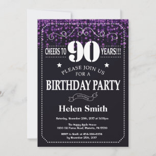 Purple Glitter 90th Birthday Invitation Kaart