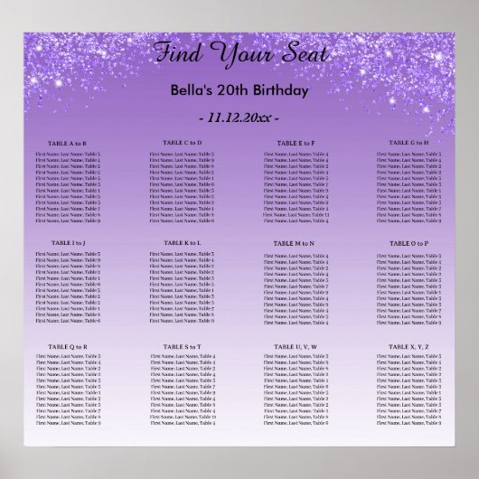 Purple Glitter Birthday Alphabetic Seating Plan Poster (Voorkant)