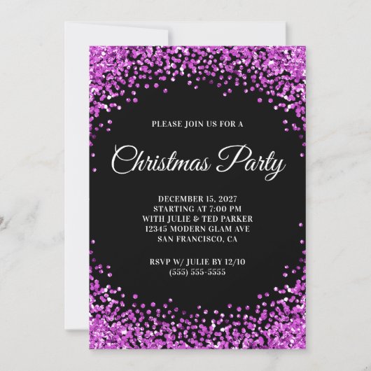 Purple Glitter Border Black Christmas Party Kaart (Voorkant)
